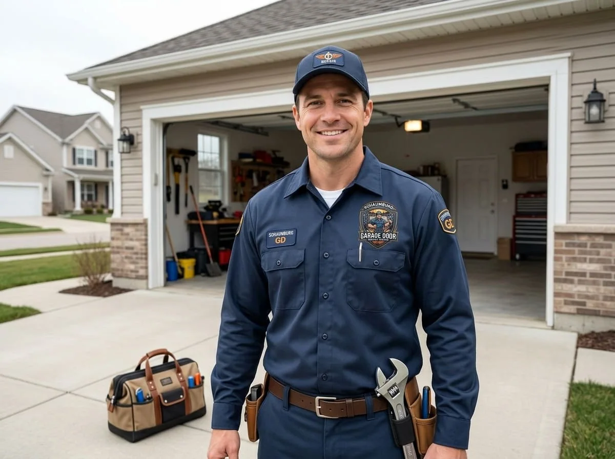 Technician inspecting a garage door roller and track for wear
