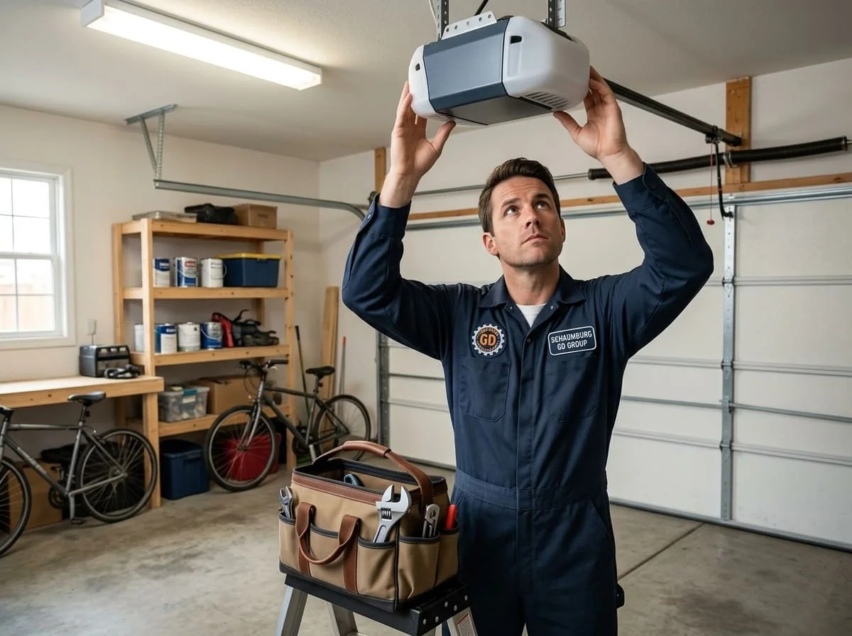 Technician inspecting garage door bottom seal and weatherstripping for gaps